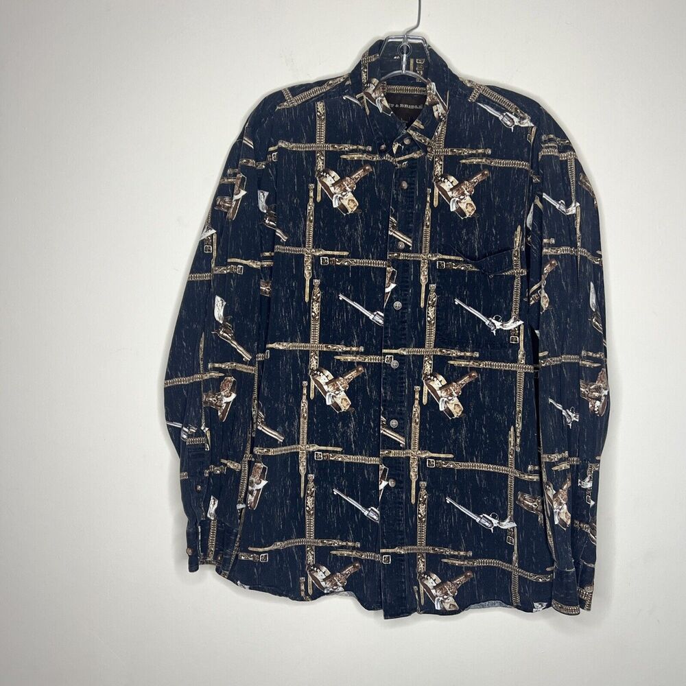Bit & Bridle Black Revolver Allover Print Western Button Down Shirt Mens Large
